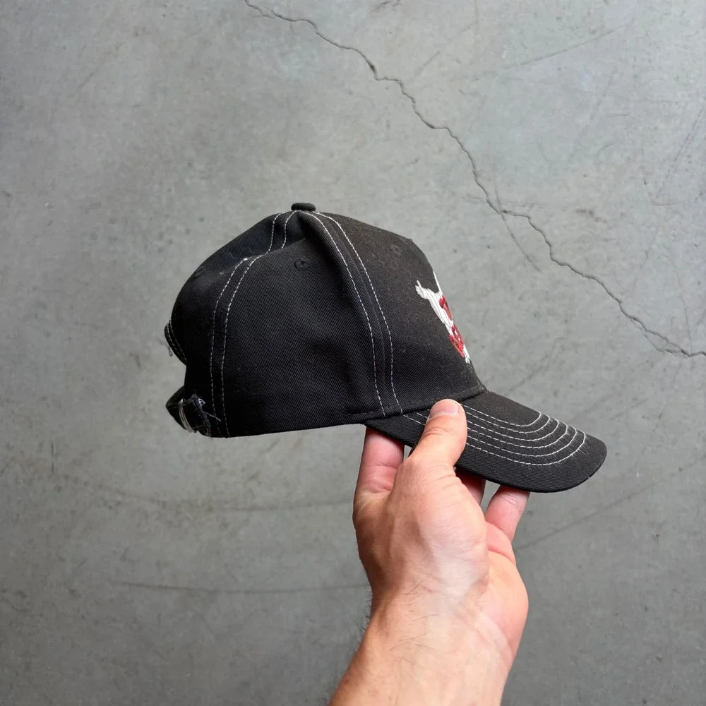 True Religion Black Buddha Logo Baseball Cap Contrast Stitch Strapback Hat